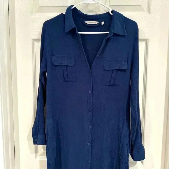 Soft Surrounding Dress Sz M Blue Button Up Collar Shirt Dress Belt Maxi Pockets - Picture 4 of 17